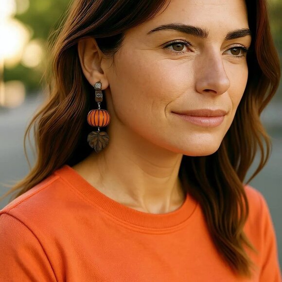 PUMPKIN SPICE LATTE COFFEE, FALL AUTUMN LEAF WOODEN DROP DANGLE EARRINGS - Picture 2 of 3